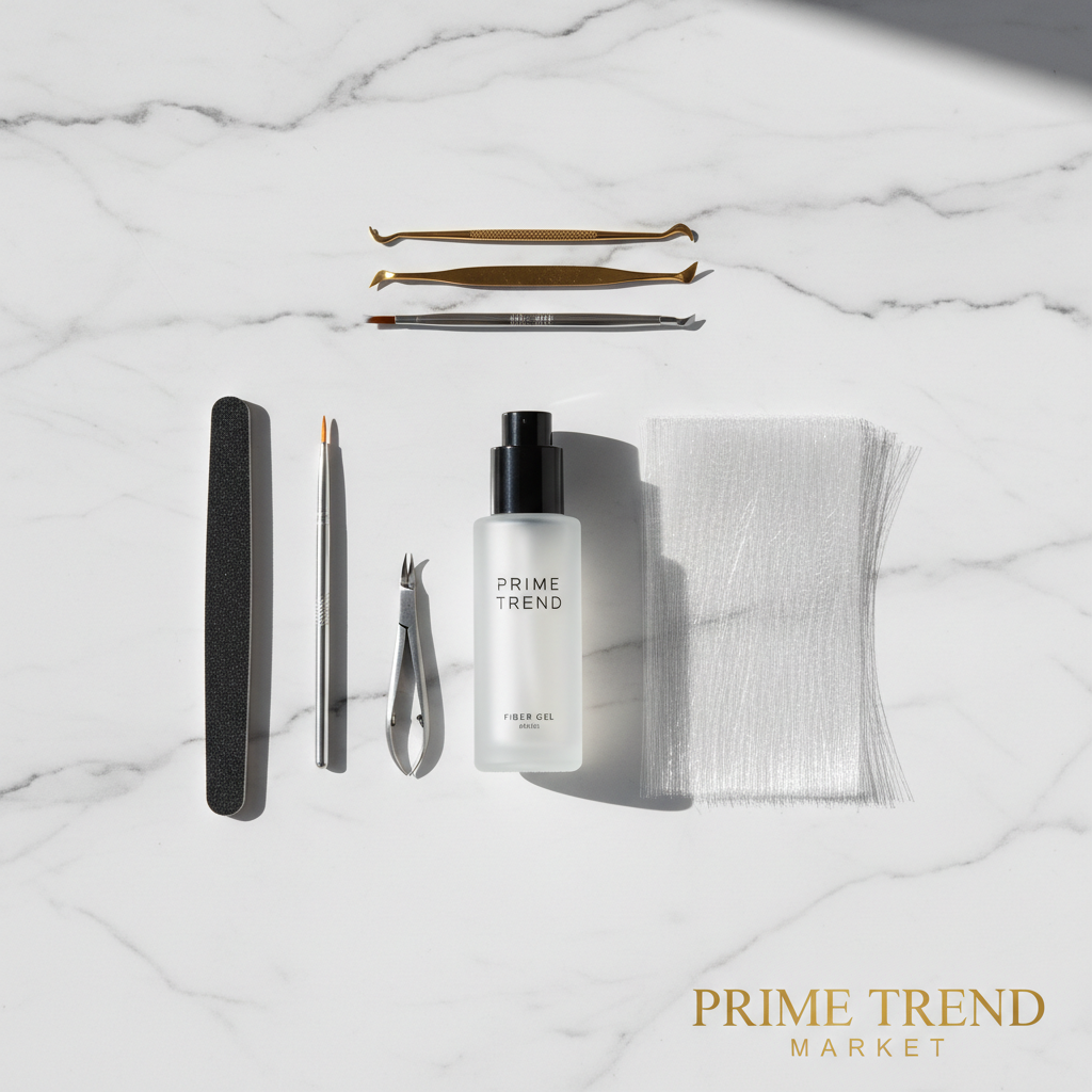 Nail extension fiber gel kit flat lay on marble