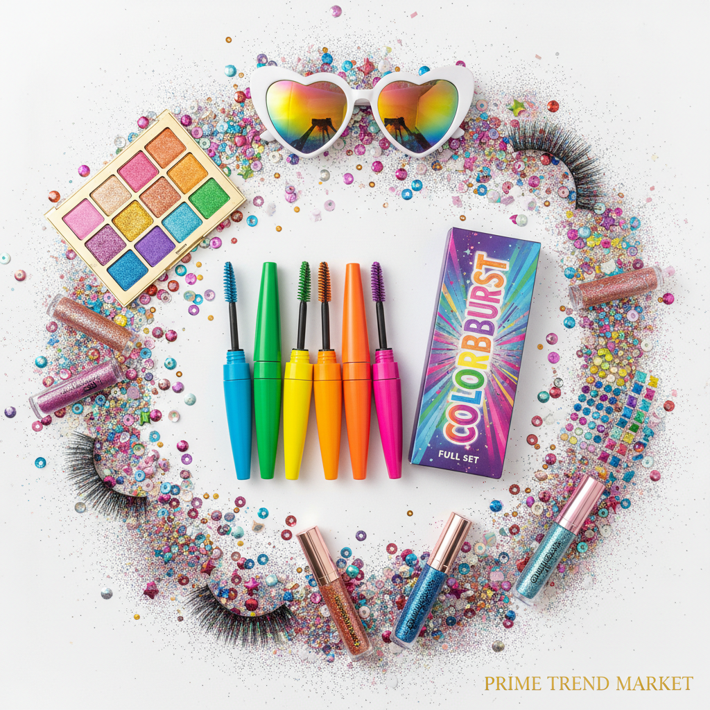 Full set of 6 colorful mascaras with complete set box surrounded by rainbow confetti festival aesthetic
