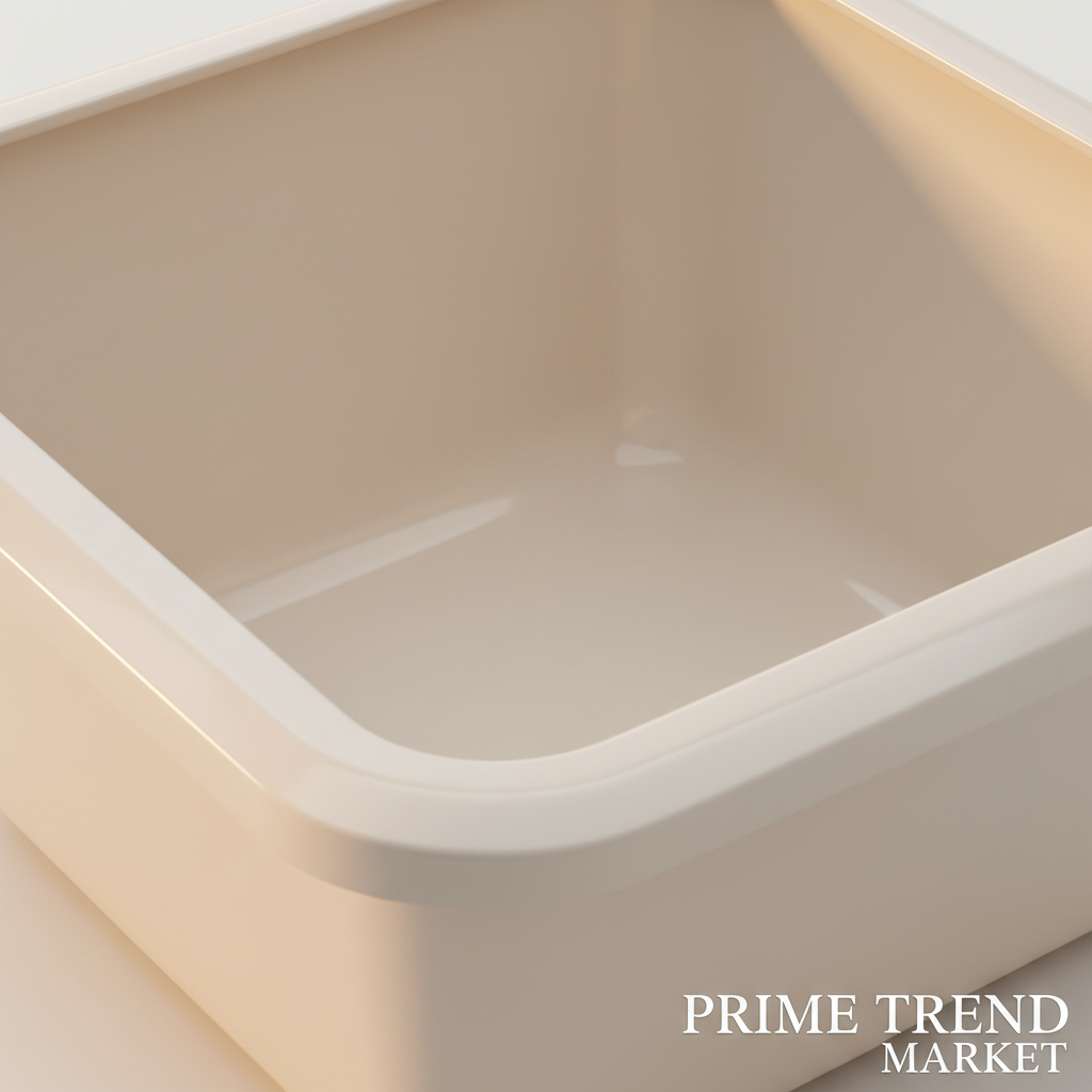 Close-up detail of premium small square offwhite cat litter box smooth interior walls