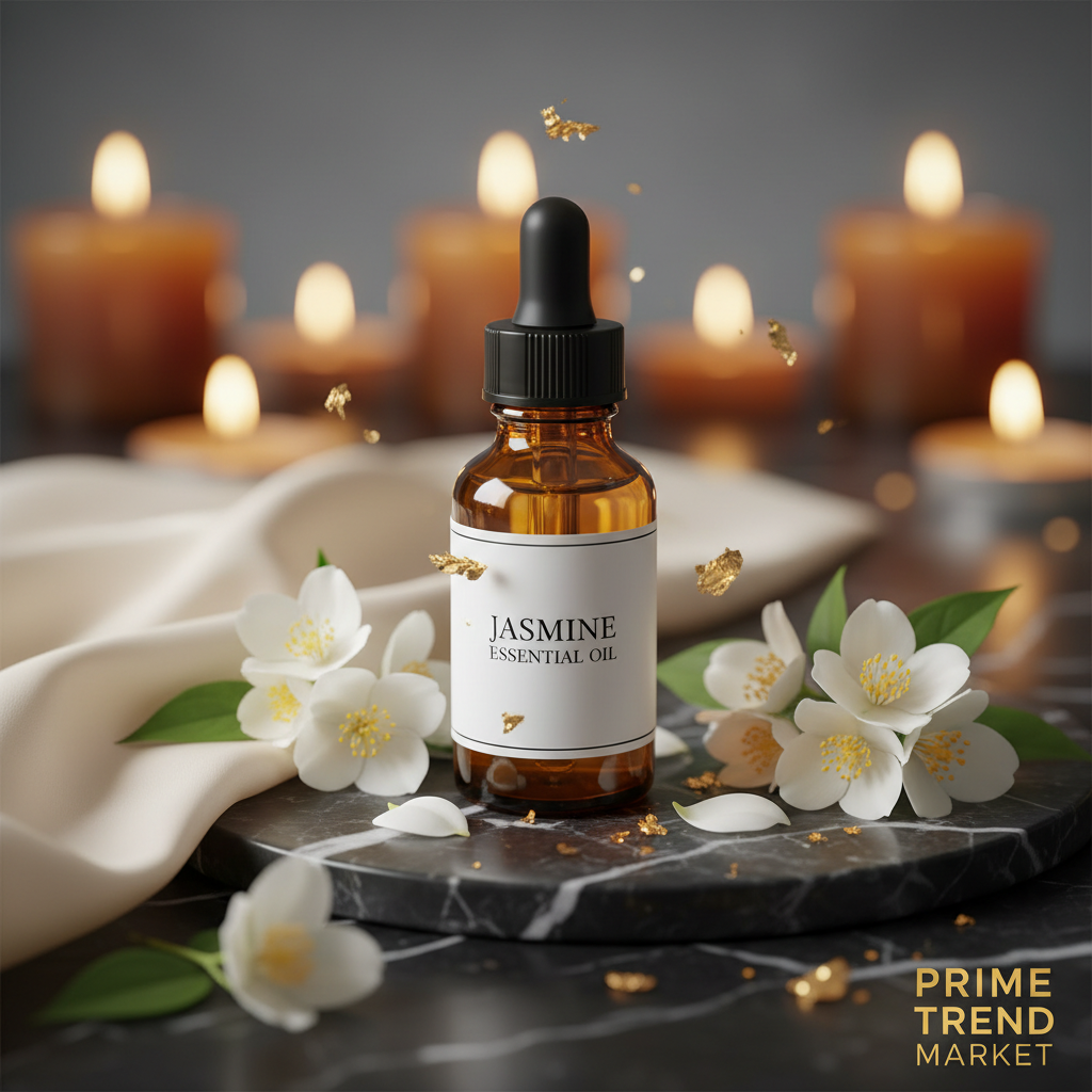 Luxury Jasmine Essential Oil hero shot on dark marble with jasmine flowers and gold leaf