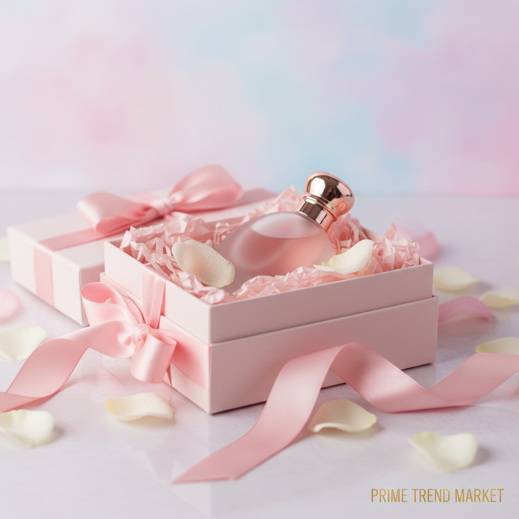 Dreamy perfume in luxury gift box with pink tissue and petals
