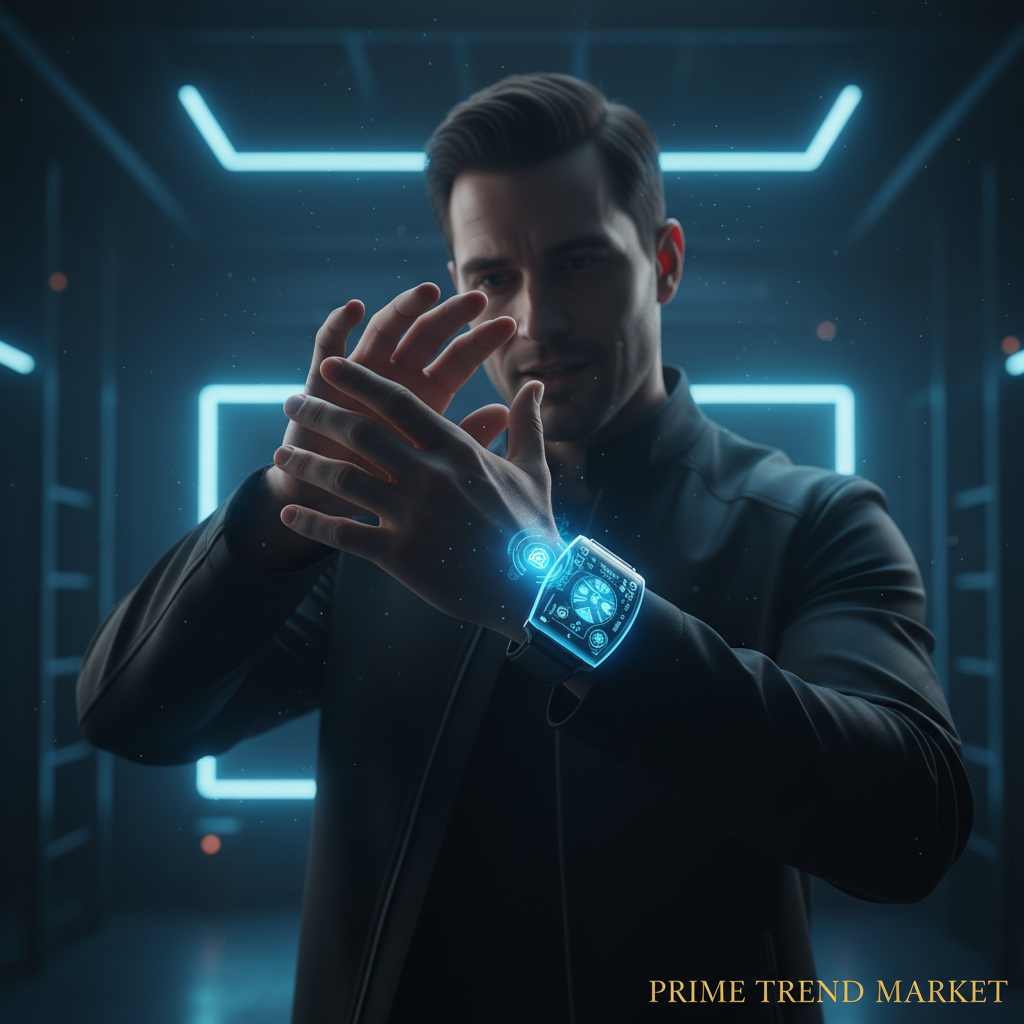Man using gesture control on MAX18 smartwatch with futuristic blue light