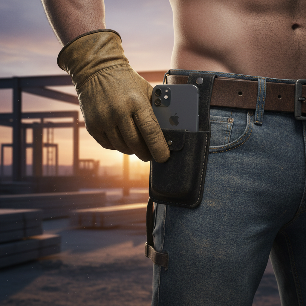 Man pulling iPhone out of black leather belt holster outdoors