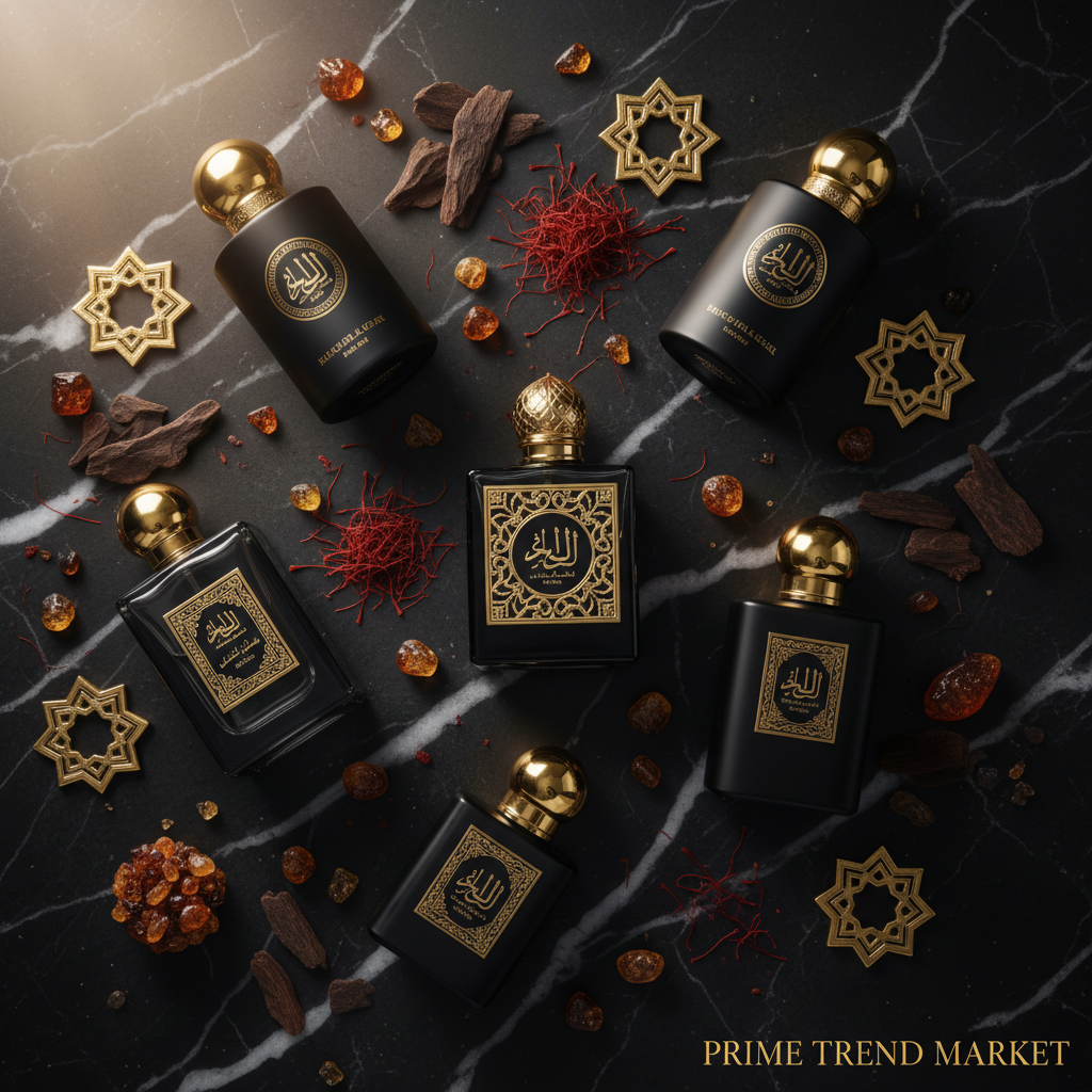Black and gold Middle Eastern perfume flat lay with saffron and amber crystals - Prime Trend Market
