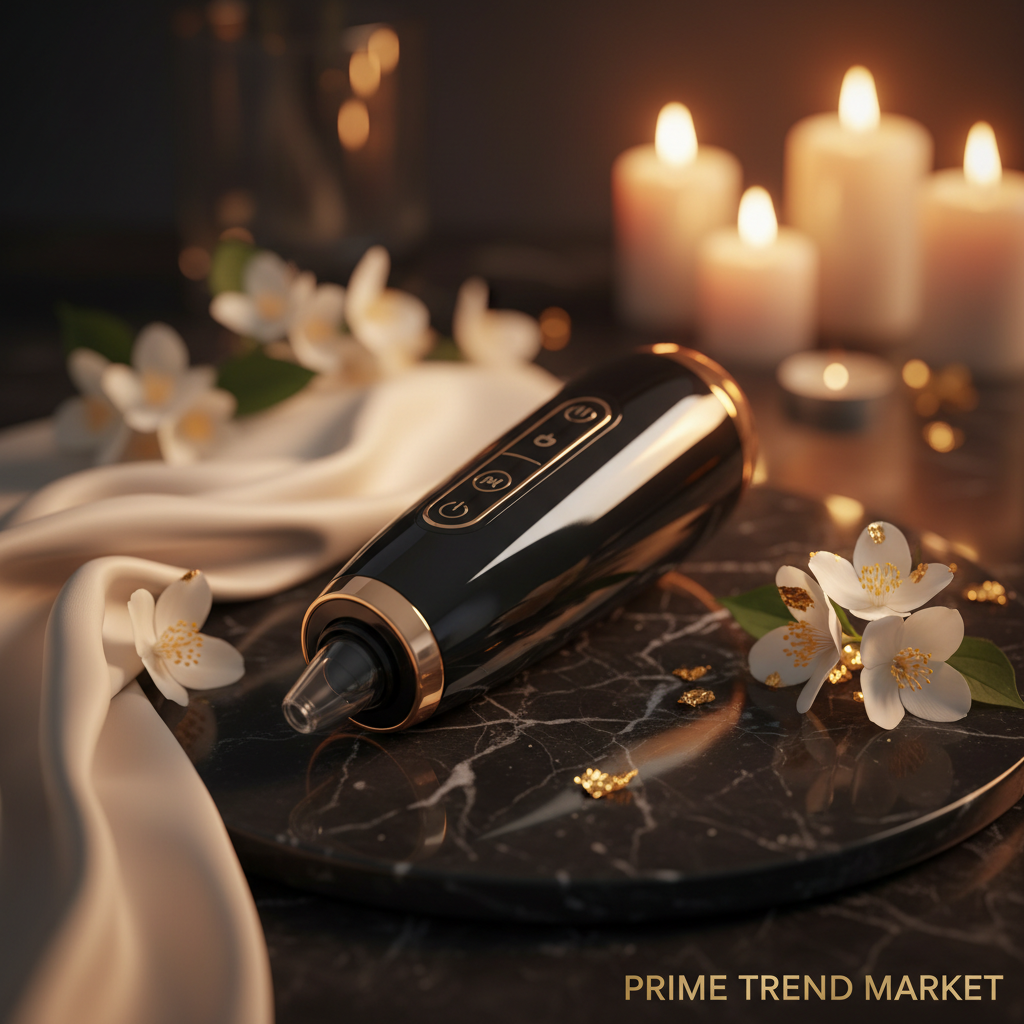 Luxury Blackhead Pore Vacuum Cleaner in black on dark marble with jasmine flowers