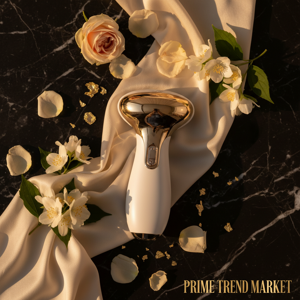 Luxury RF Thermage device flatlay with jasmine and rose petals