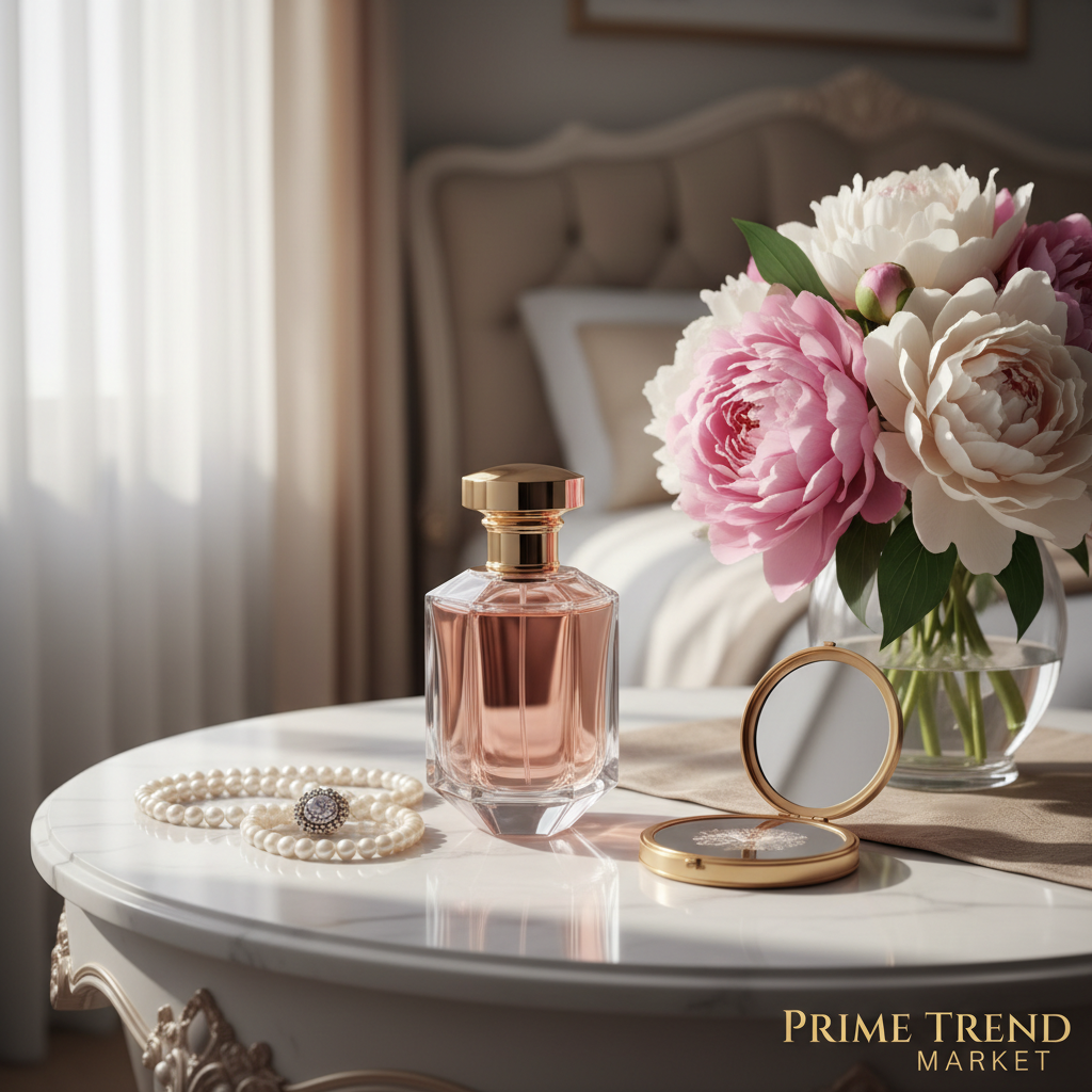 Foliage Silence perfume on dressing table with pearl necklace, peonies and gold mirror