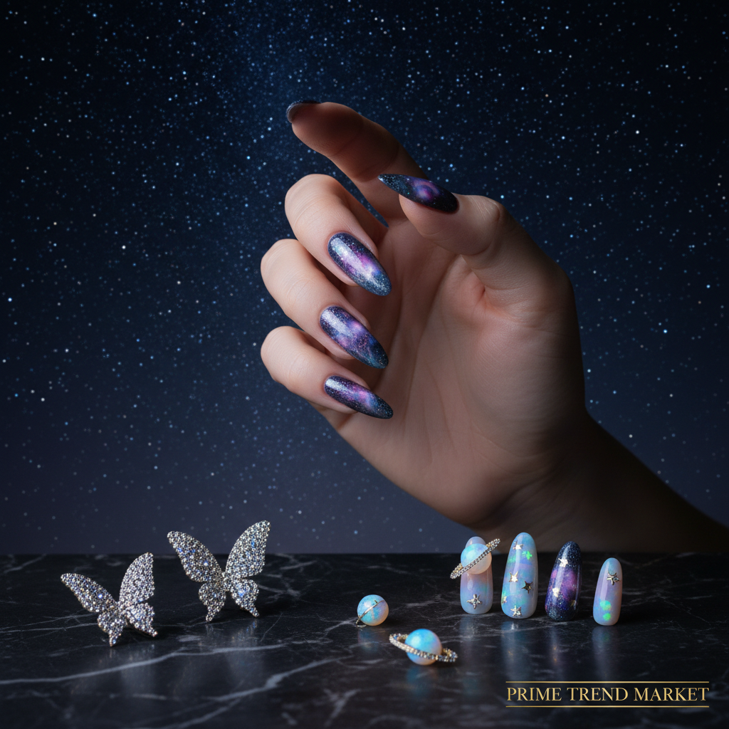 Hand with ombre galaxy nails reaching toward starry night sky