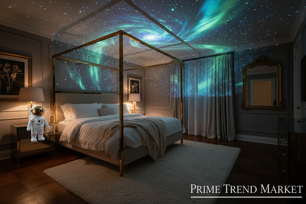 Astronaut Galaxy Projector projecting starry sky and northern lights in luxury bedroom — Prime Trend Market