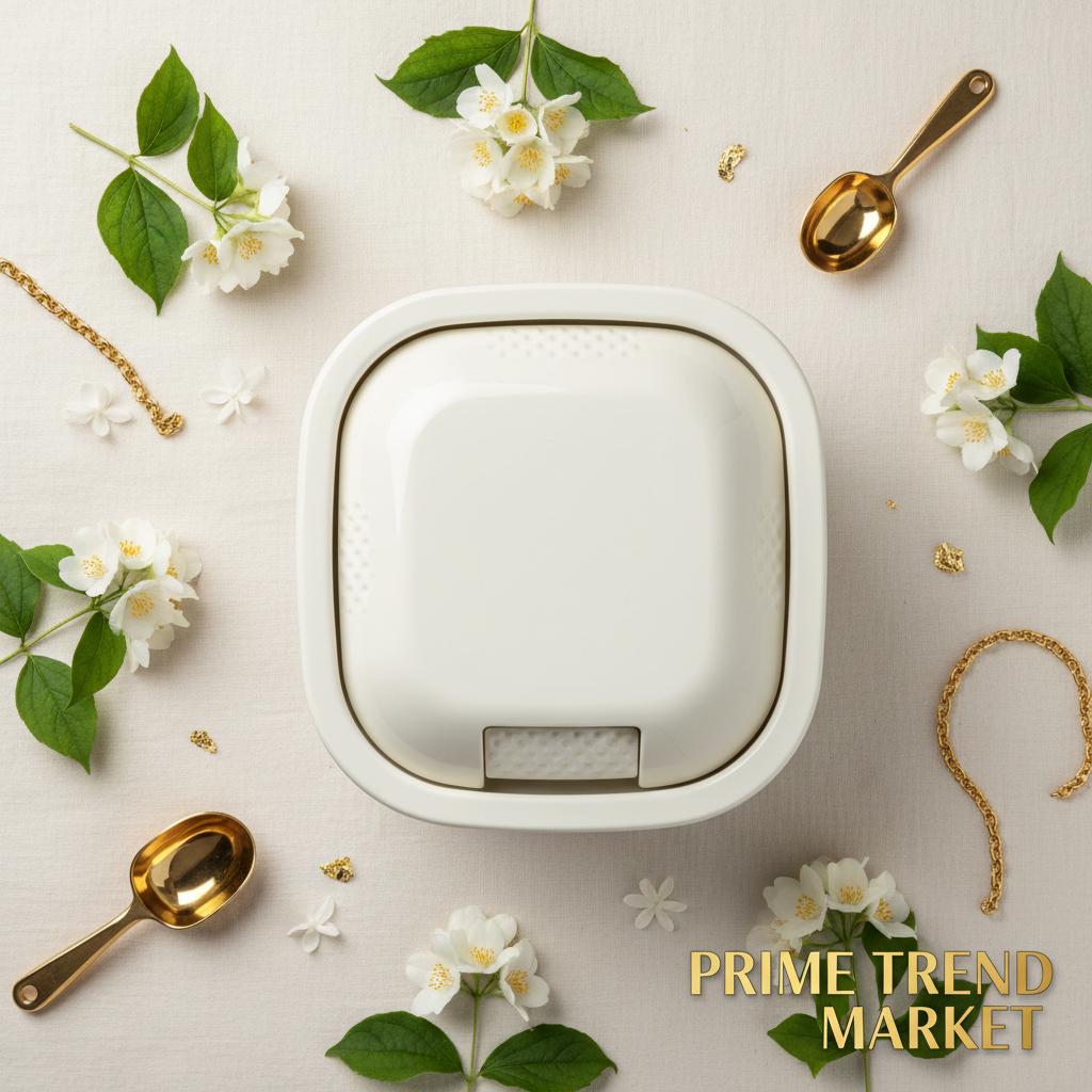 Premium small square offwhite cat litter box flat lay top view with jasmine flowers and gold accents