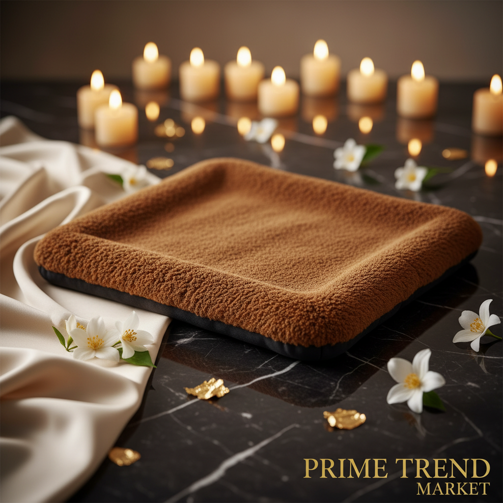 Premium brown thick suede pet kennel litter mat on dark marble with gold accents