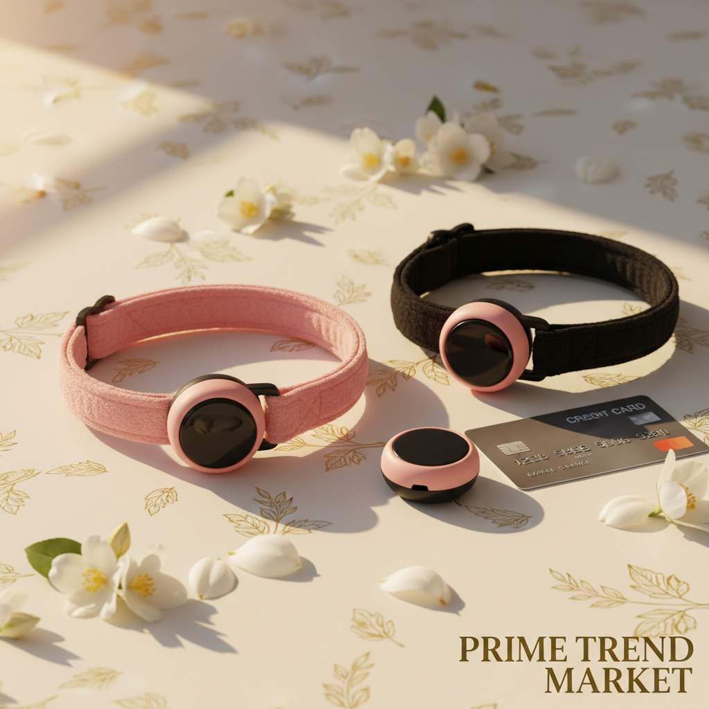 PawFind Anti-Loss FindMy Pet Collar pink and black flat lay on cream ivory surface with gold leaf and jasmine petals