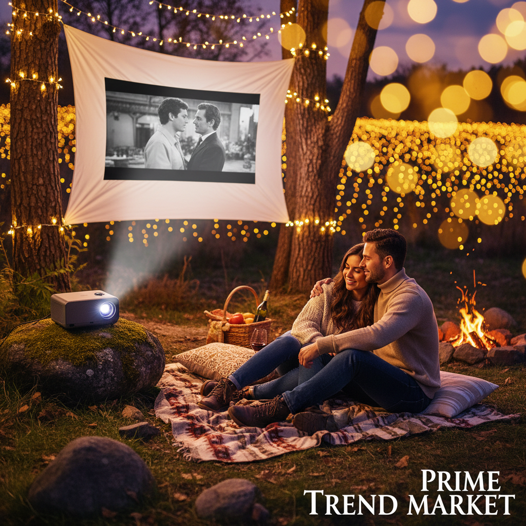 Couple watching outdoor movie night with PocketCinema portable projector