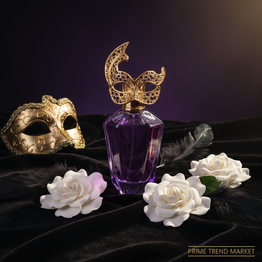 Masked Goddess perfume bottle with gold mask on dark velvet with gardenias - Prime Trend Market