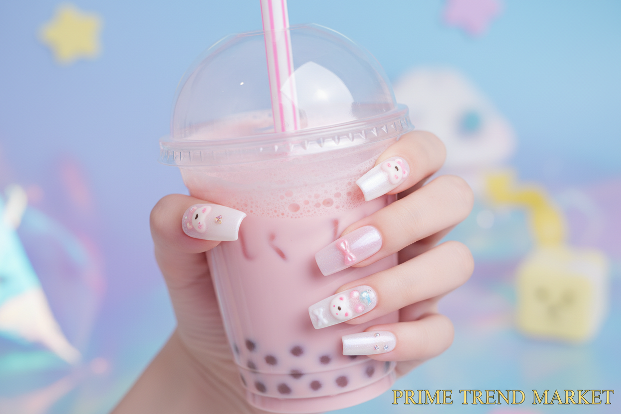Kawaii bear nails bubble tea lifestyle - Prime Trend Market