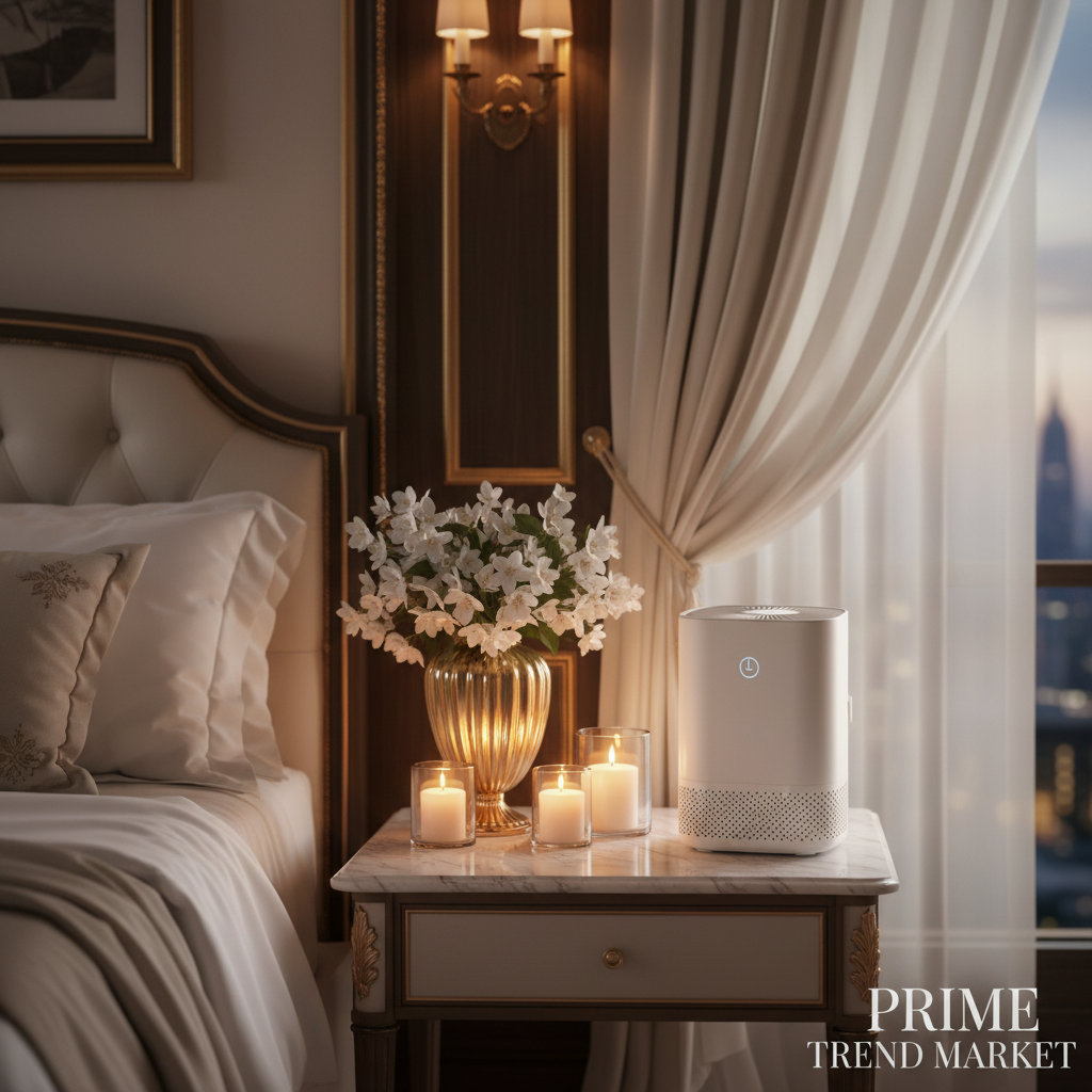 White air purifier lifestyle shot in luxury bedroom setting - Prime Trend Market