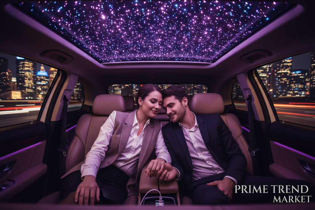 Couple on romantic night drive with USB Car Star Light projecting purple stars on car ceiling — Prime Trend Market