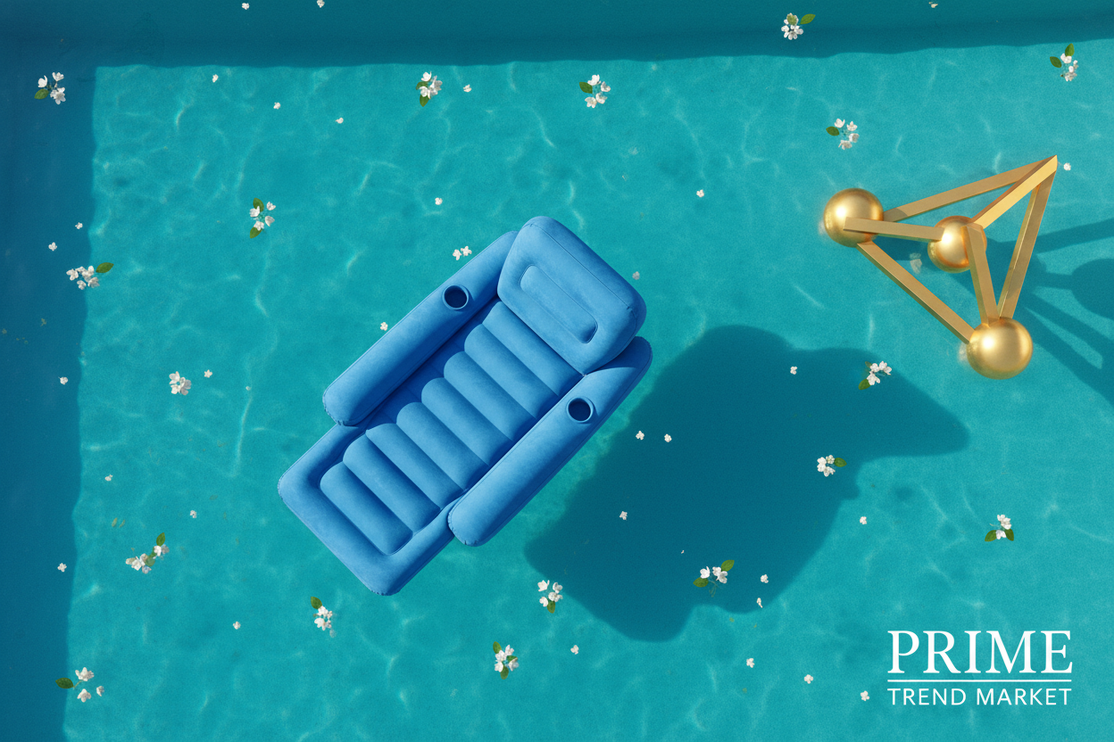Aerial top-down view of giant blue inflatable pool float on turquoise water