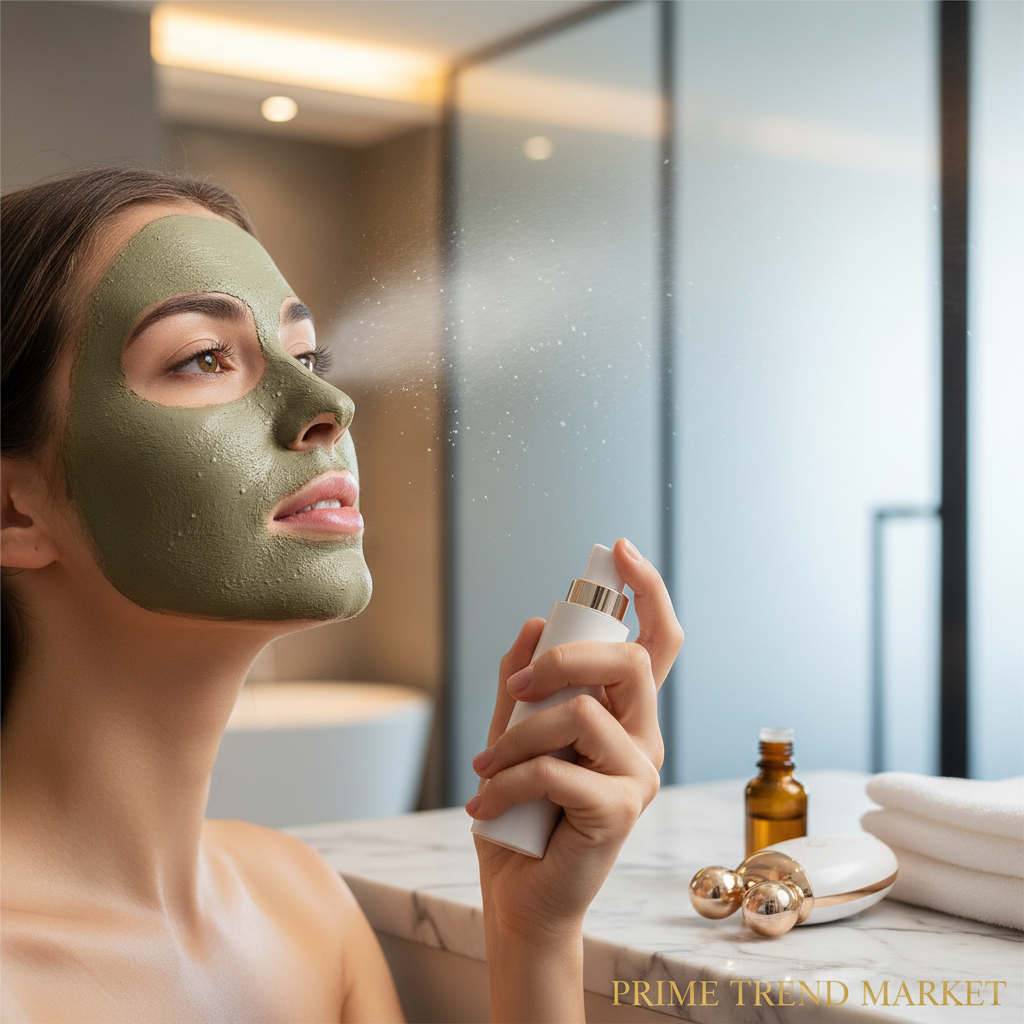 Woman misting face with nano sprayer