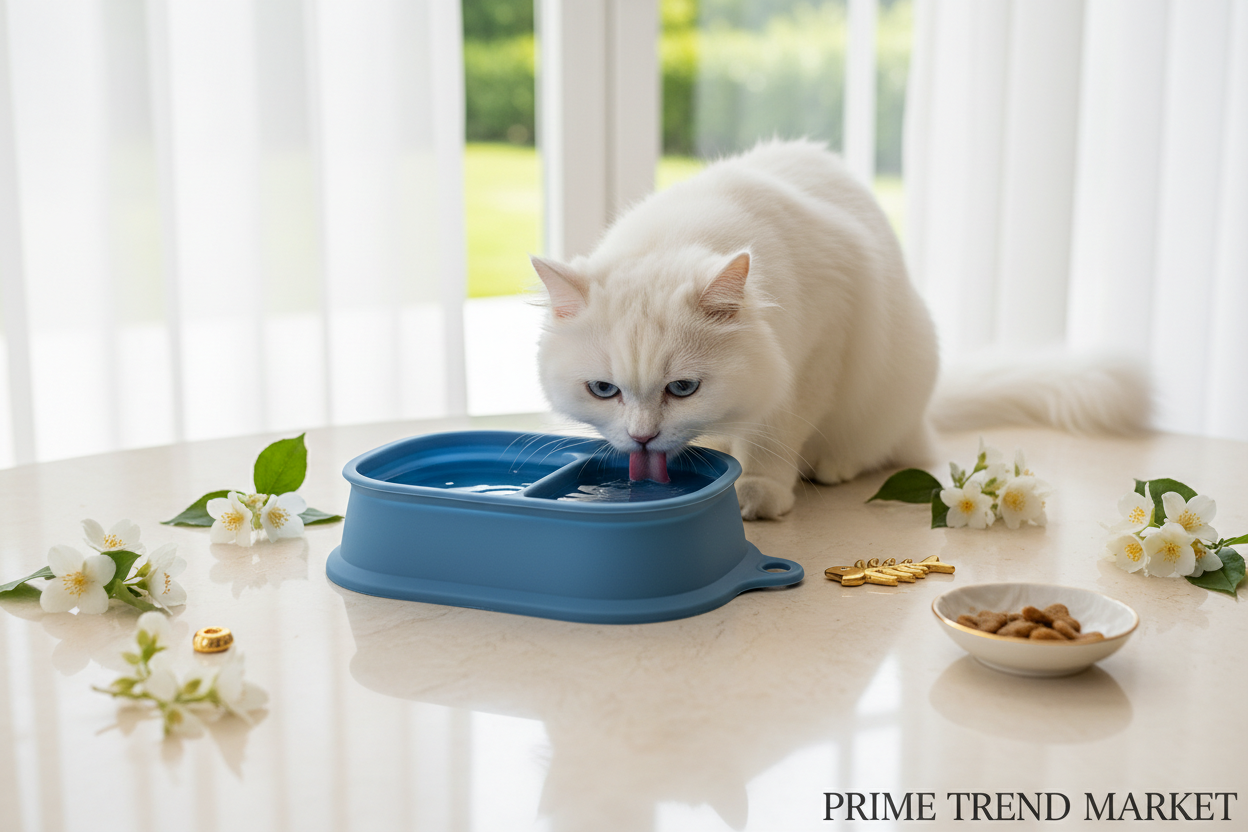 White cat drinking from blue silicone pet bowl