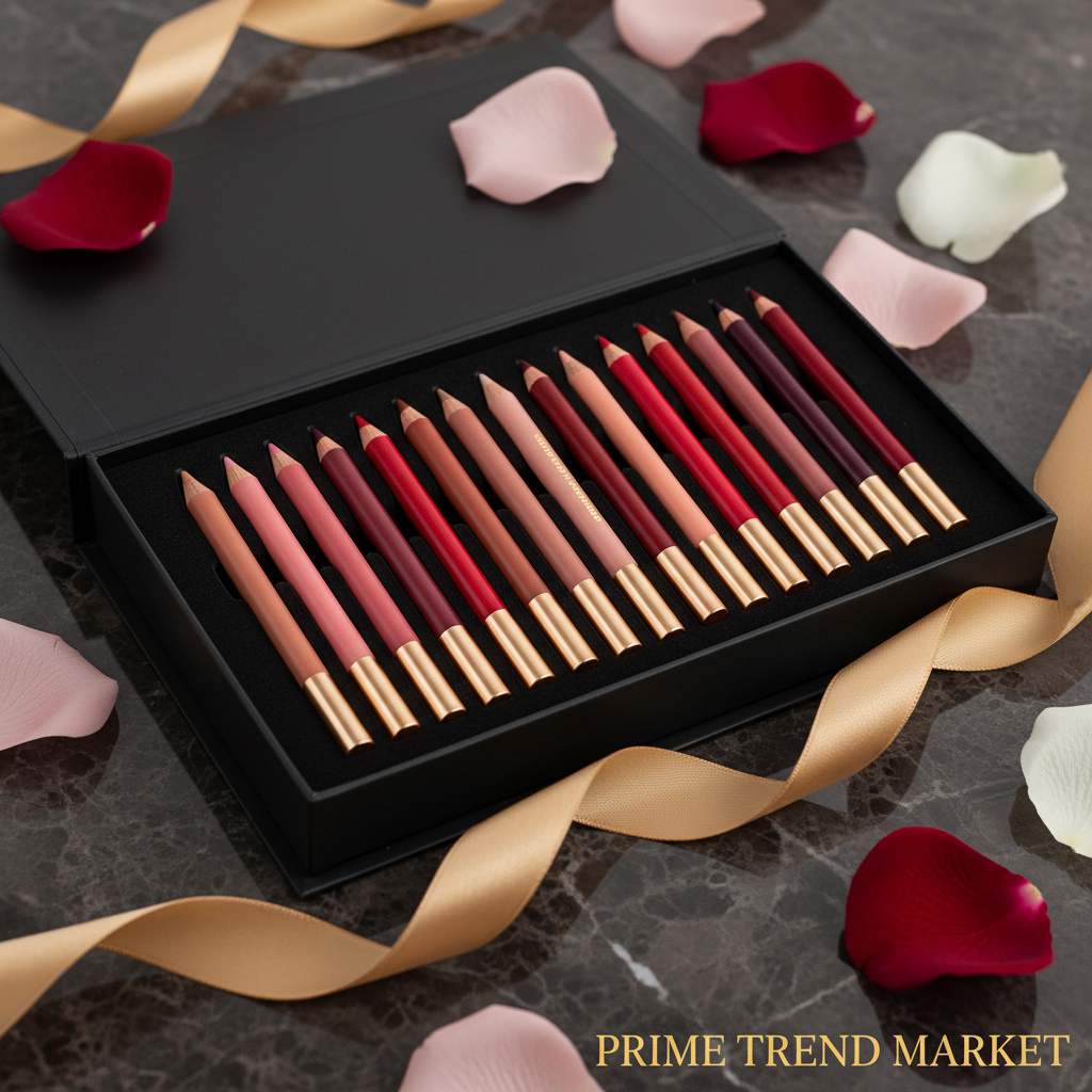 Luxury black gift box 12 matte lip liner pencils assorted shades gold ribbon rose petals