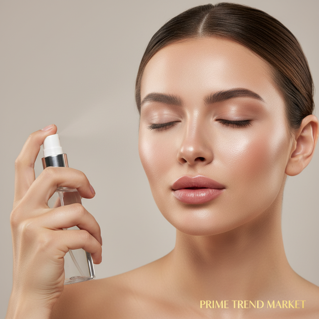 Woman misting setting spray on glowing makeup