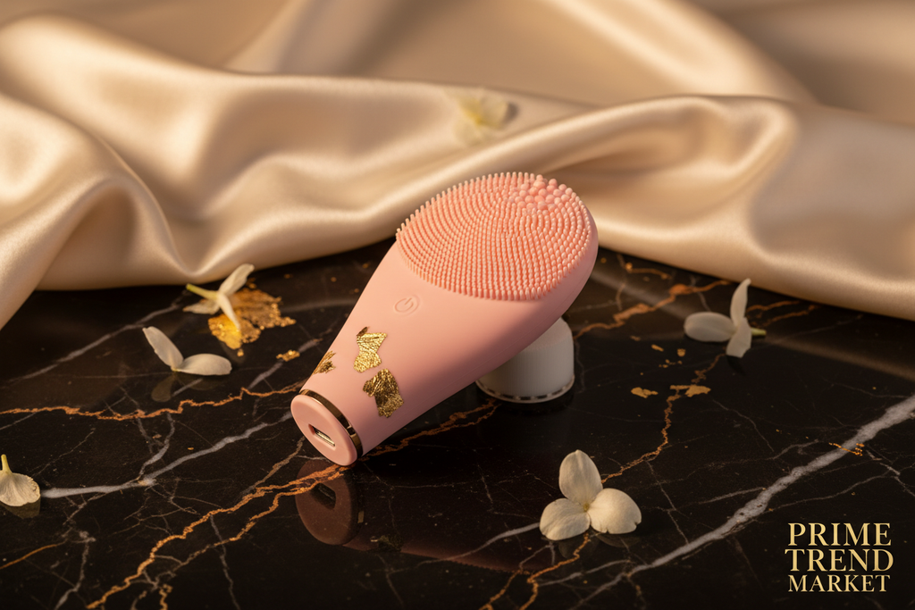 Elegant Pink Mini Silicone Electric Face Cleansing Brush on black marble with gold leaf
