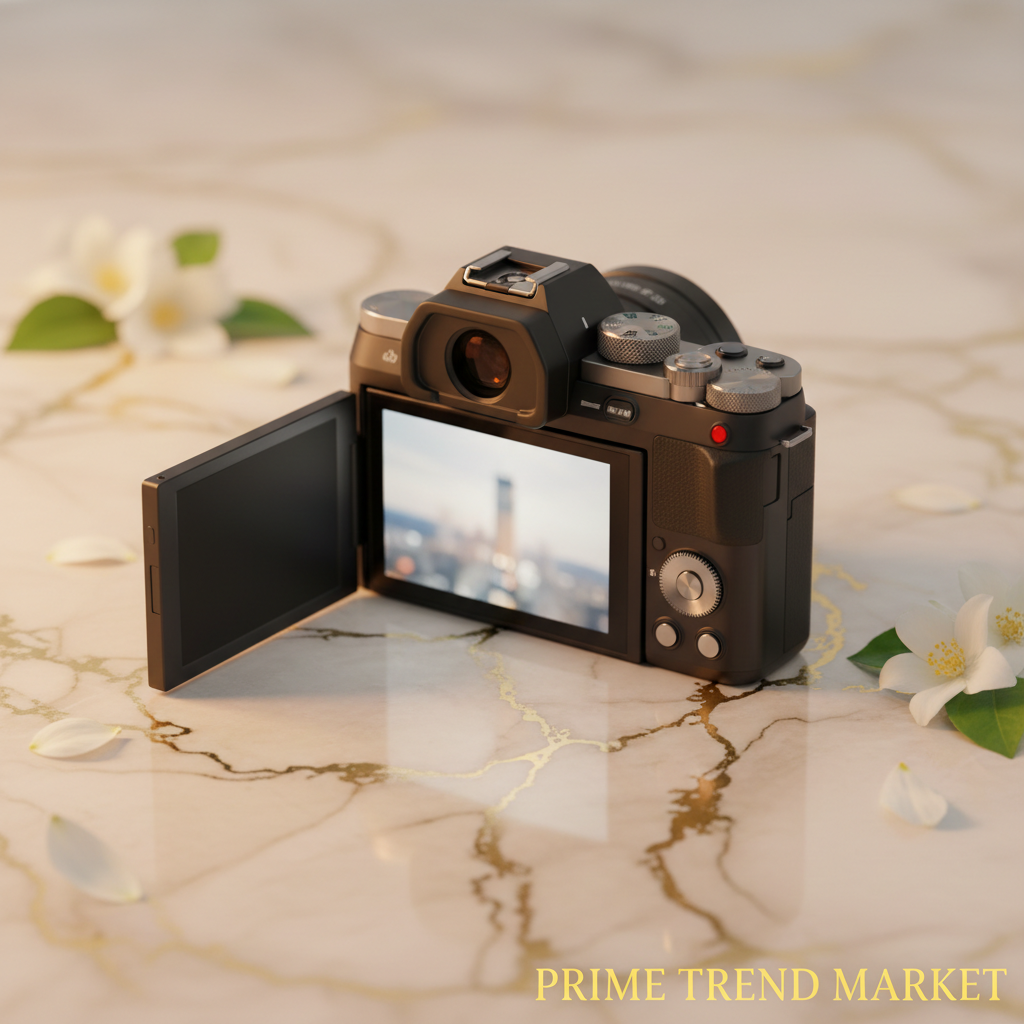 4K Vlogging Camera with flip screen on cream marble with gold leaf and jasmine petals