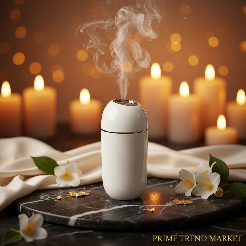White nano facial mister on black marble with jasmine flowers and gold accents - Prime Trend Market