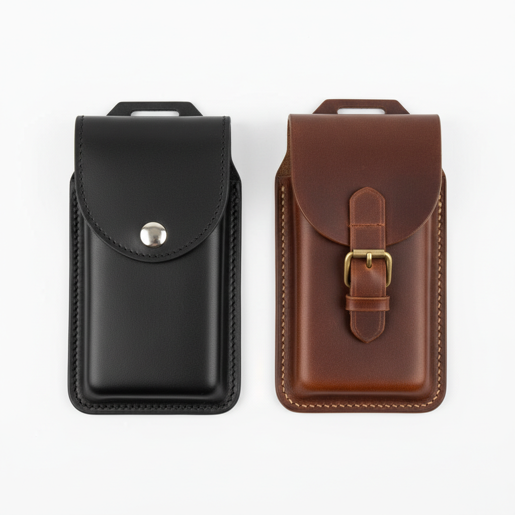 Black and coffee brown leather phone belt holsters side by side