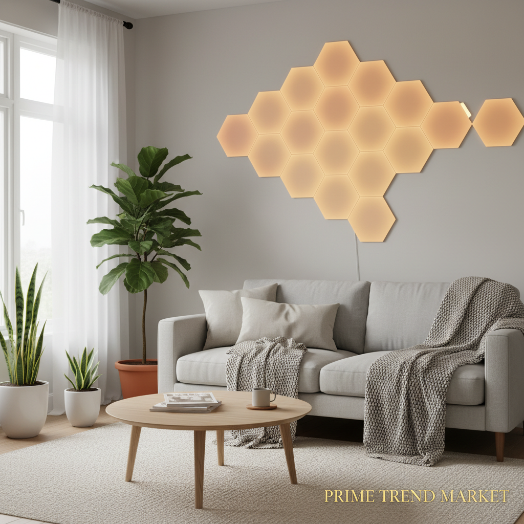 Hexagon Smart Light Panels Cozy Living Room Warm Amber Gold Colors — Prime Trend Market