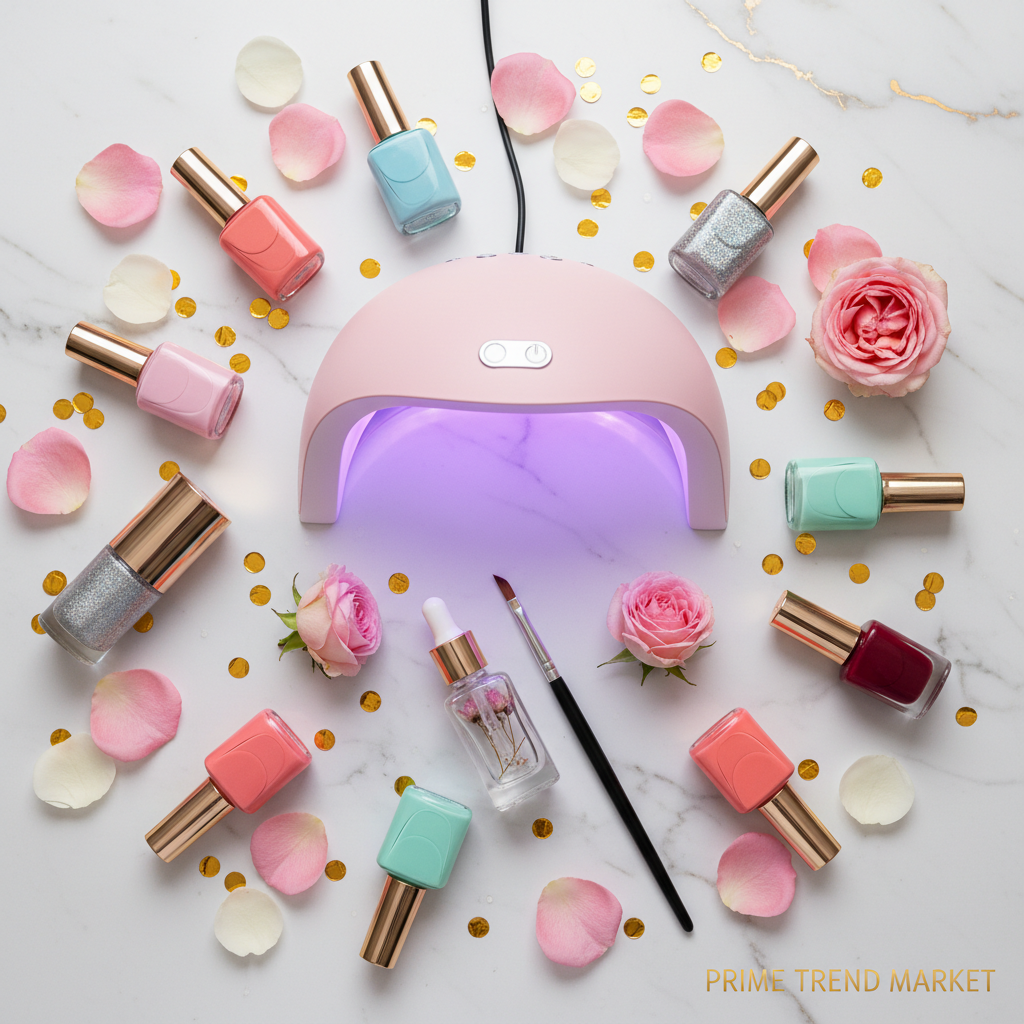 Nail studio flat lay with pink UV LED nail lamp, gel polish bottles, nail brush and rose petals on white marble