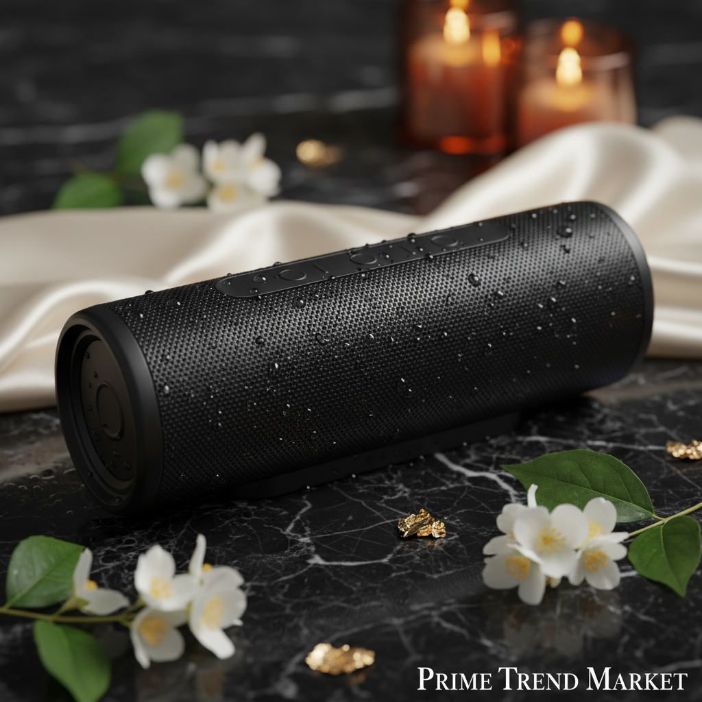 IPX7 waterproof Bluetooth soundbar speaker on dark marble with jasmine and gold accents — Prime Trend Market