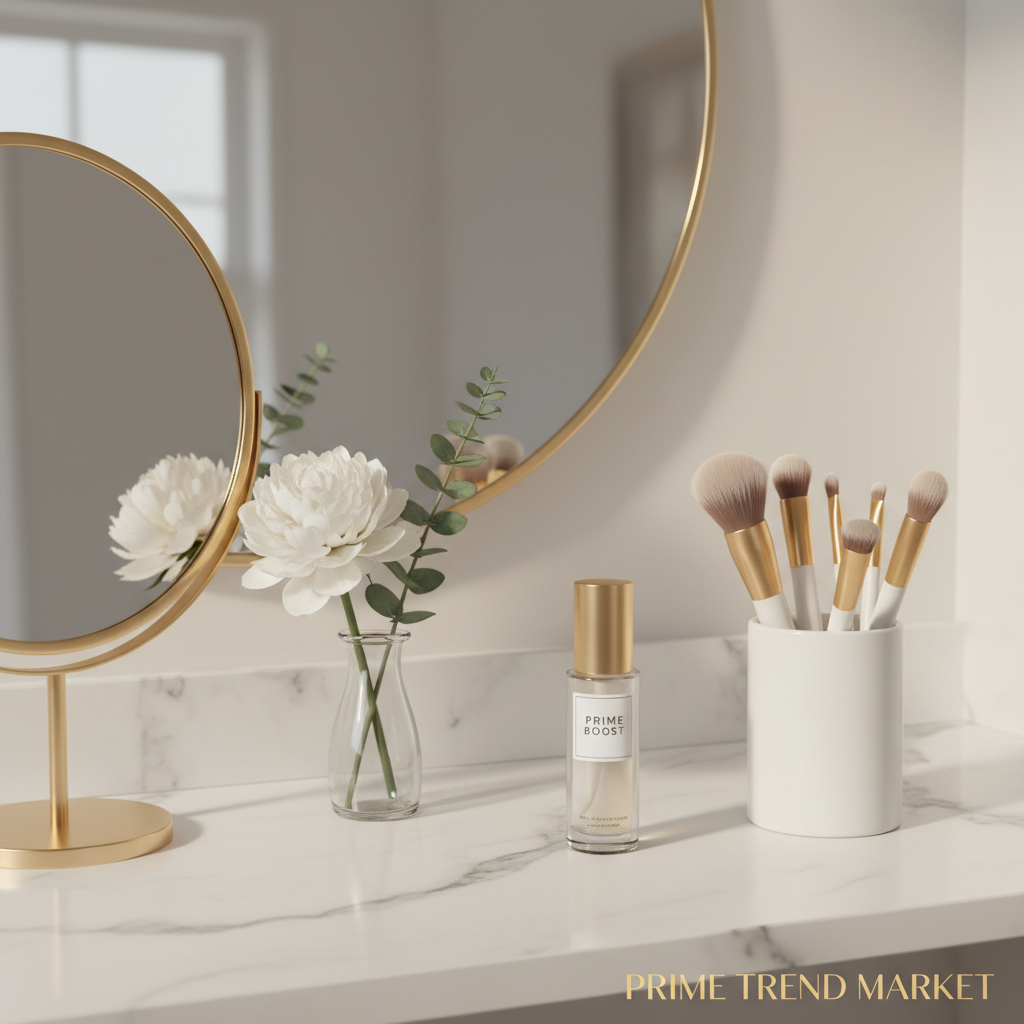 Luxury vanity setup with makeup primer bottle gold mirror and white flowers