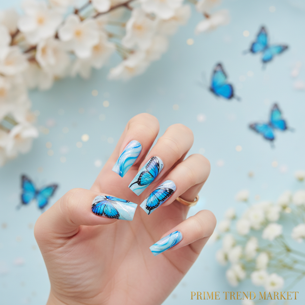 Hand wearing long square blue butterfly nail art press-on nails with dreamy blue bokeh background