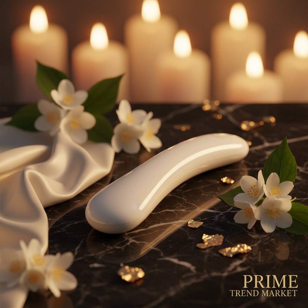 Luxury Facial Beauty Instrument on black marble with jasmine flowers and gold accents