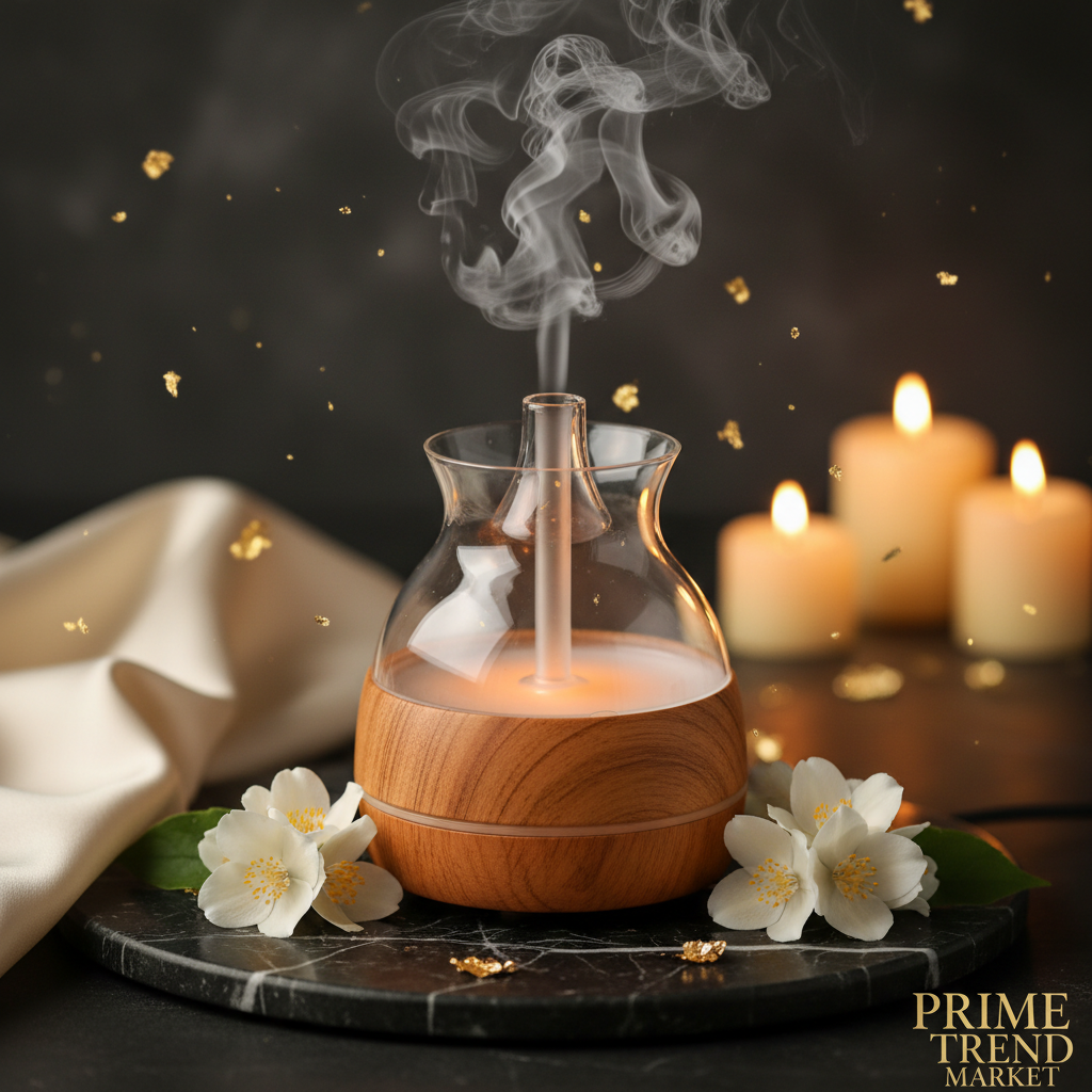 Luxury waterless essential oil aroma diffuser wood and glass on dark marble with jasmine flowers and amber candlelight