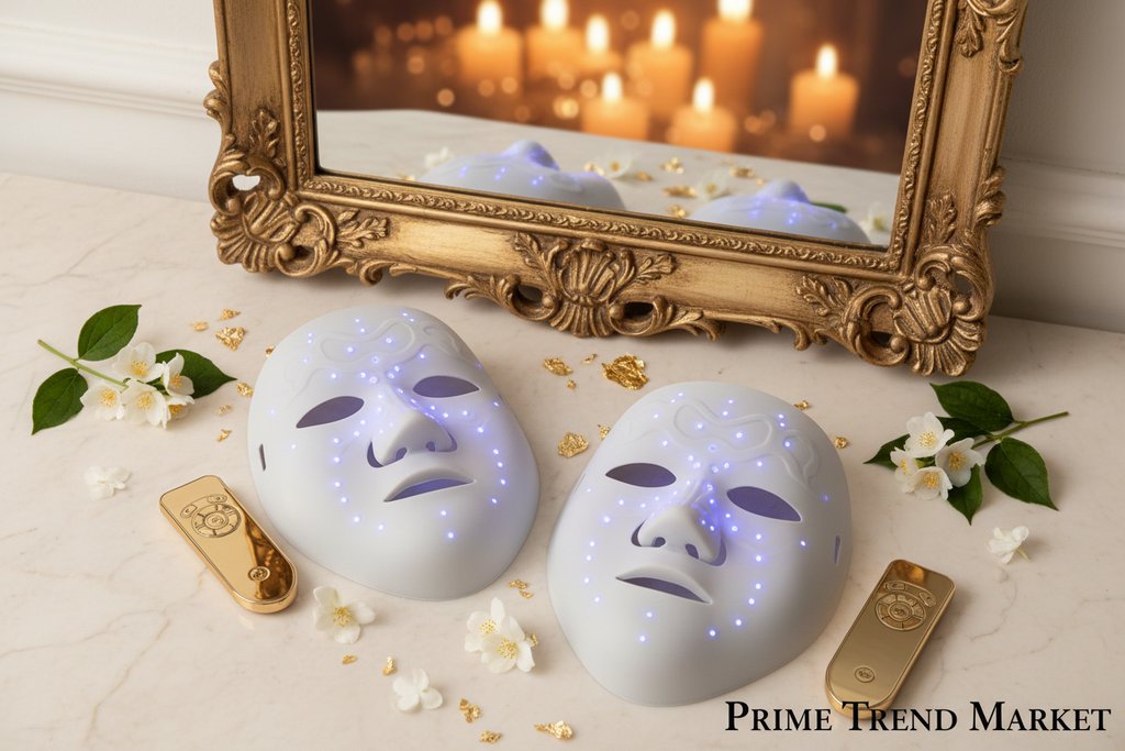 Luxury EMS Electric Facial Massage Mask Black and White Duo Vanity Flatlay