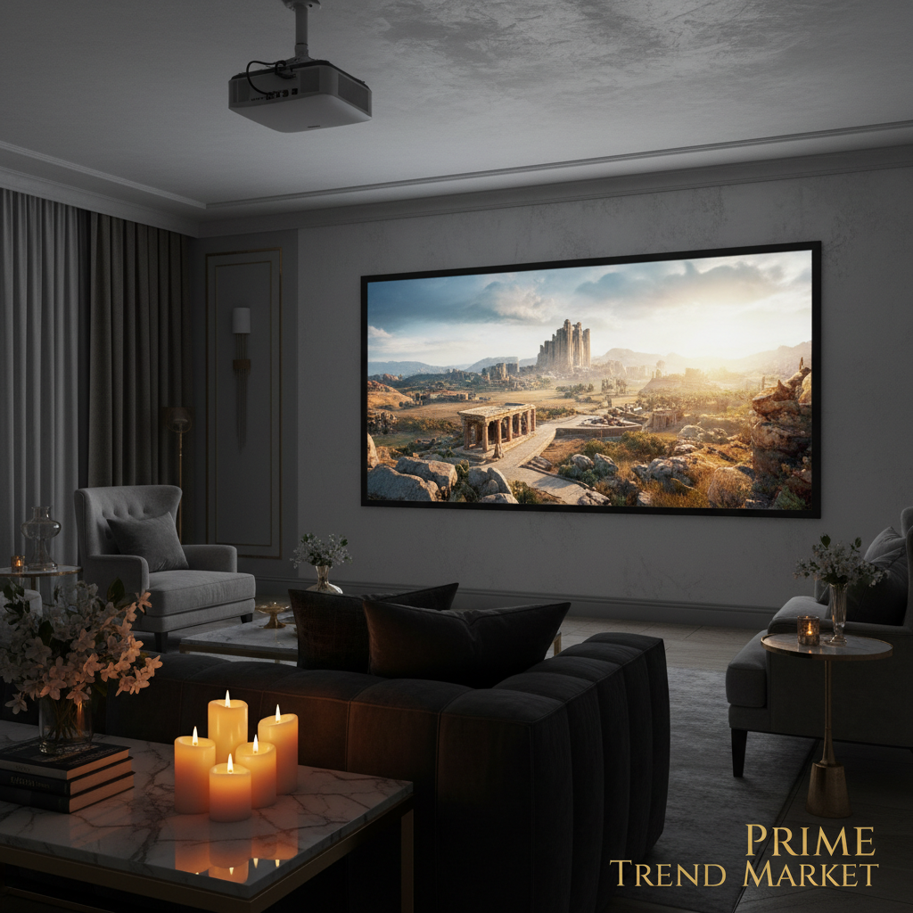 4K smart projector casting cinematic image in luxury dark living room - Prime Trend Market