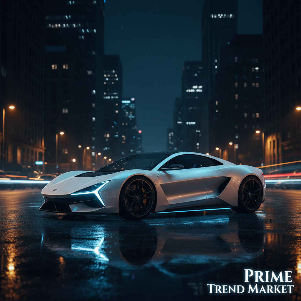 Sports car with blue LED underbody lights glowing at night