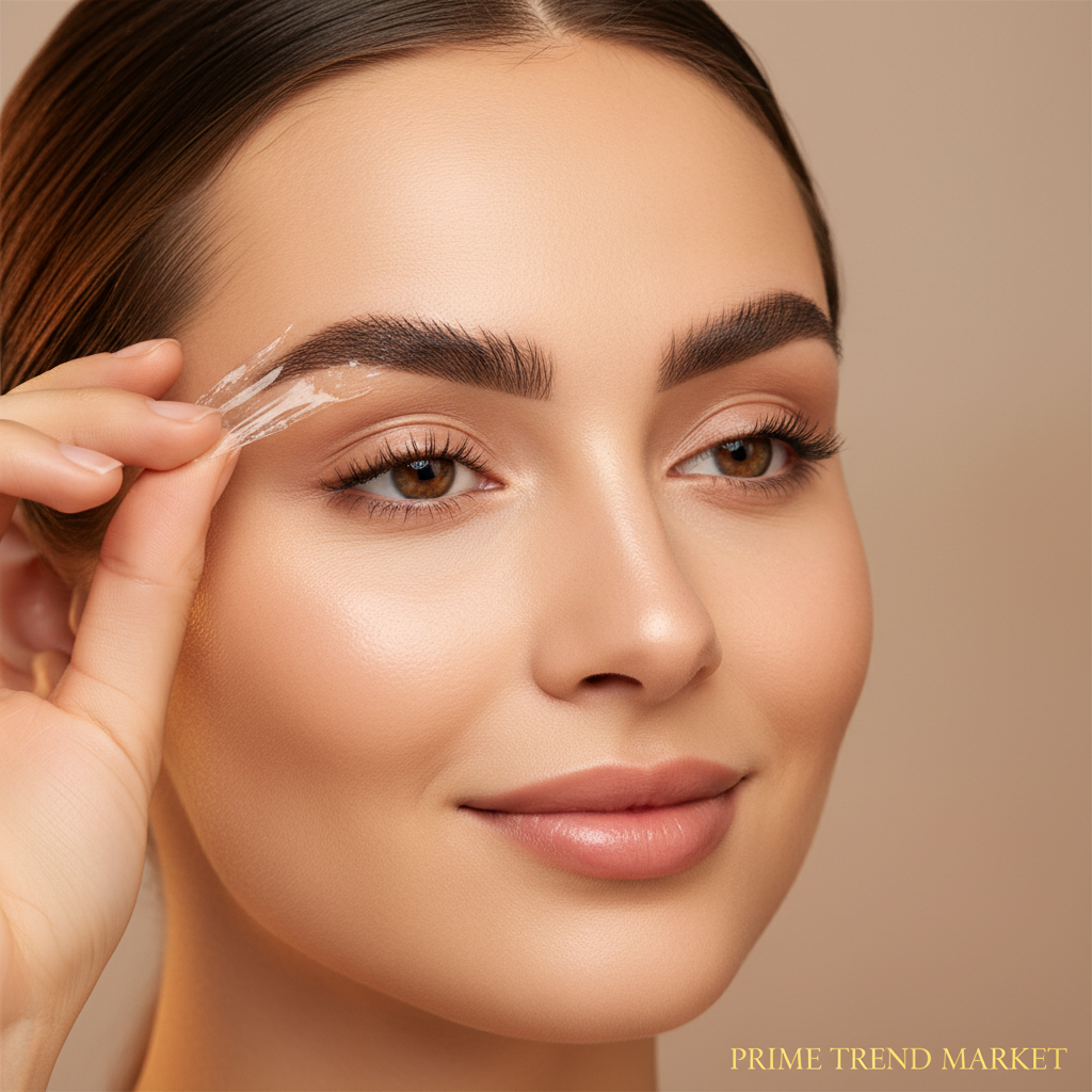 Woman peeling off dried brow gel film revealing perfect 3D volumetric brow tattoo beauty lifestyle