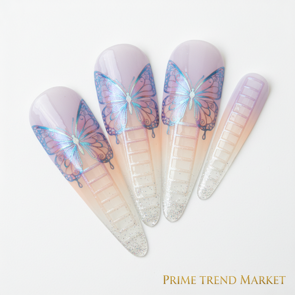 Close-up of butterfly UV nail patch design