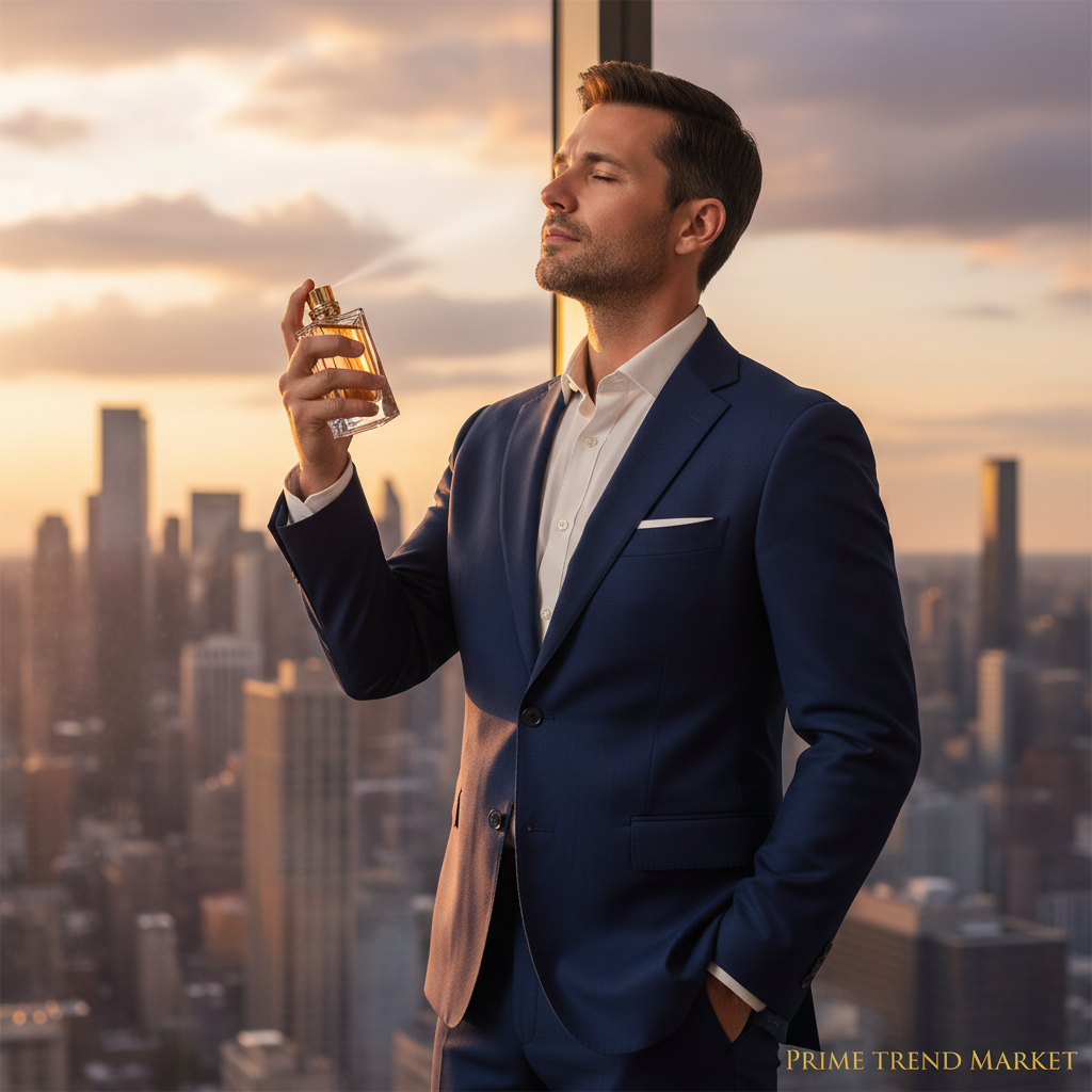 Man in suit applying Chained cologne at golden hour city skyline