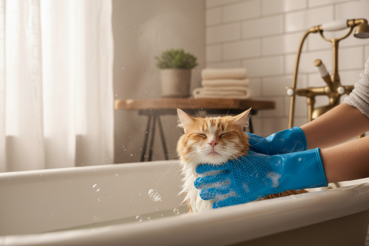 Person bathing cat with grooming gloves