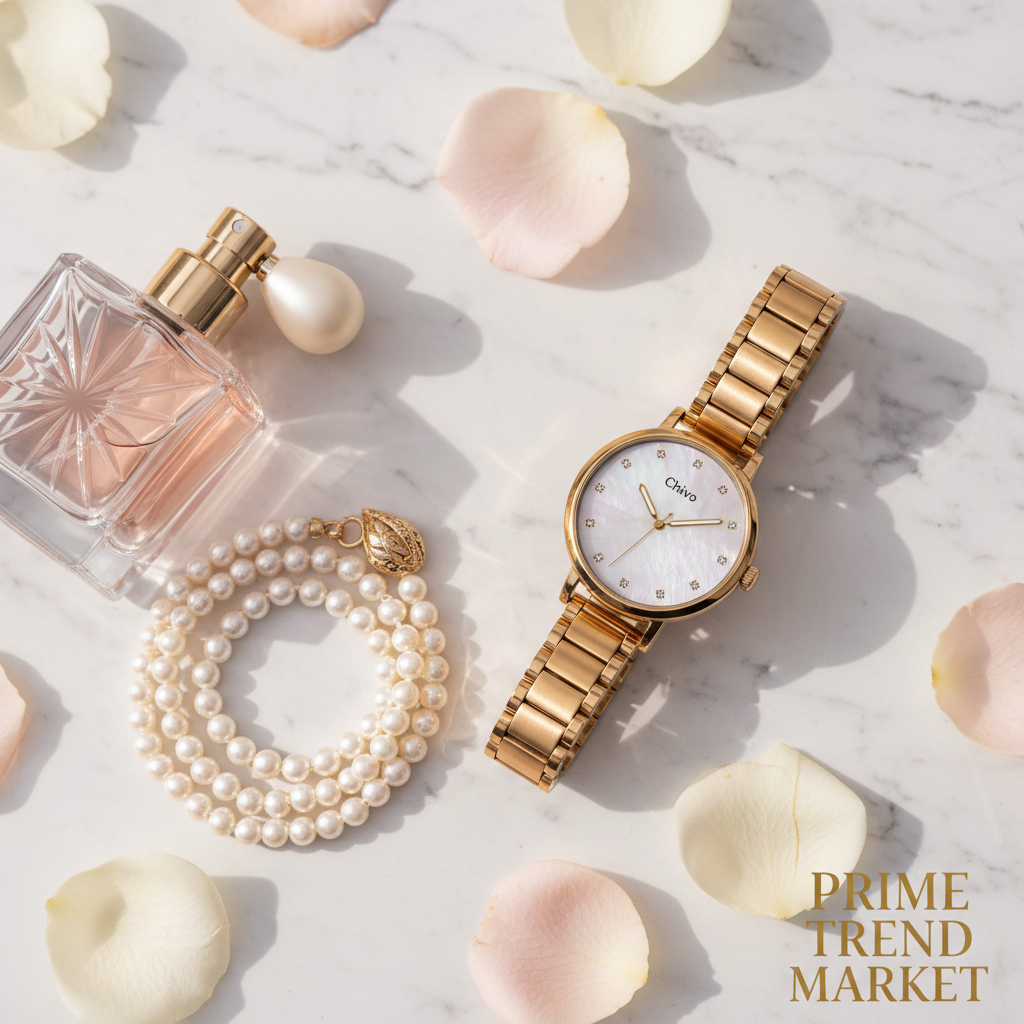 KW10Pro women's gold luxury smartwatch flatlay on white marble with rose petals and perfume