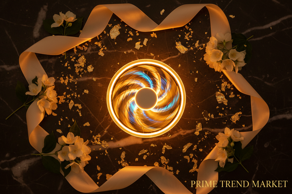 3D Holographic Fan Projector flat lay gift presentation with jasmine and gold leaf — Prime Trend Market