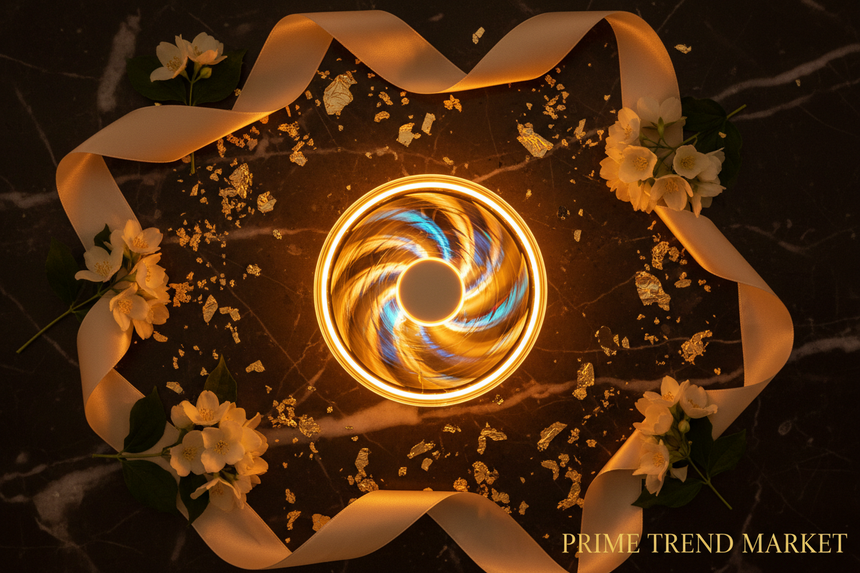3D Holographic Fan Projector flat lay gift presentation with jasmine and gold leaf — Prime Trend Market