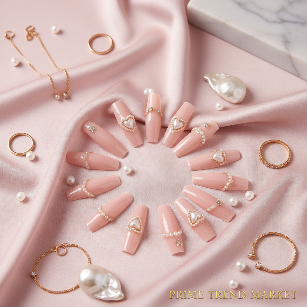 Pink satin luxury flat lay of pearl star press-on nails with gold jewelry