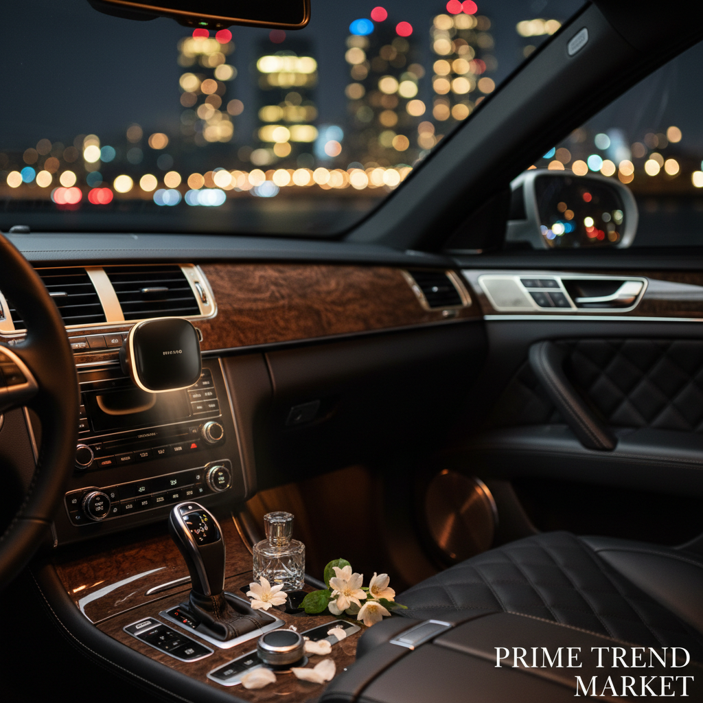 Luxury car vent diffuser night drive lifestyle scene with city lights bokeh