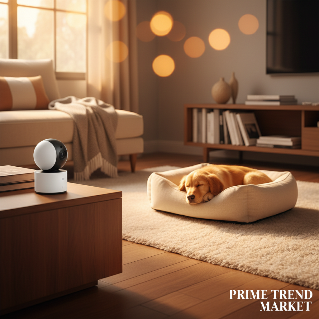 GuardView HD WiFi Mini Camera monitoring sleeping puppy lifestyle shot